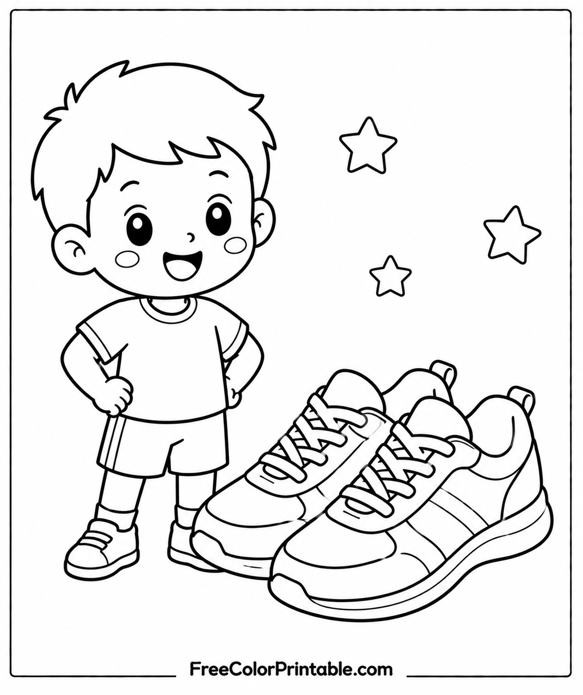 Happy boy and oversized sneakers Coloring Page — Free Printable — free printable coloring page